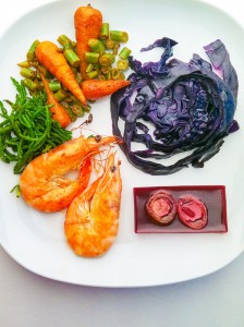 Sea grass, carrots, beans, red cabbage, black berries in agar and prawns