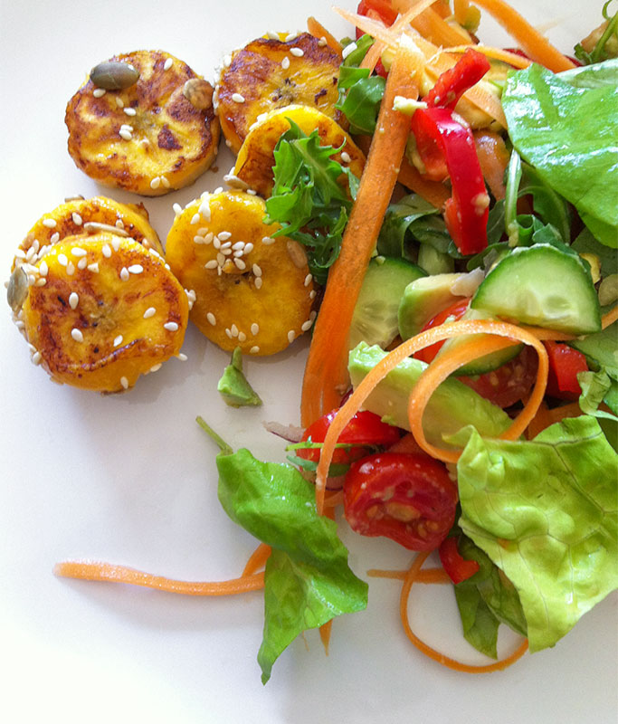 Plantain, cucumber, avocado, carrot and lettuce salad