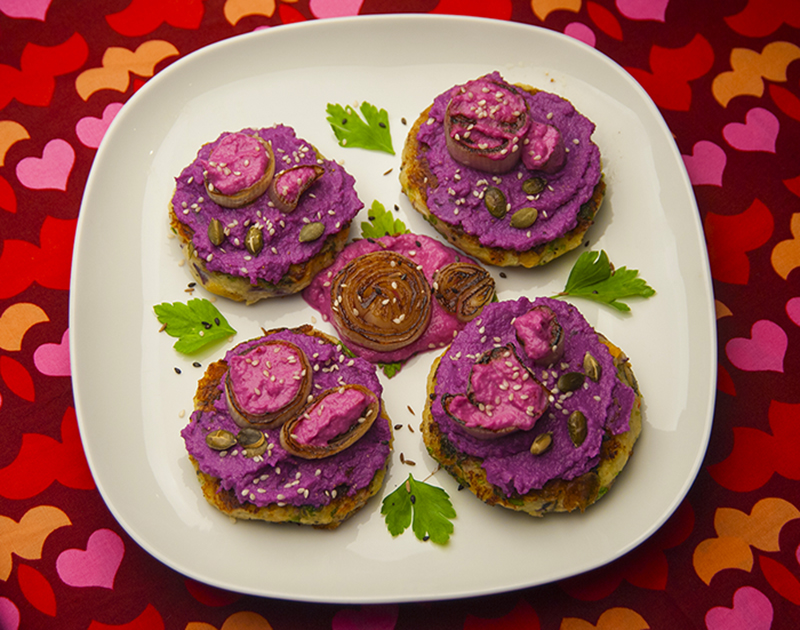 Potato patties, red cabbage and labne